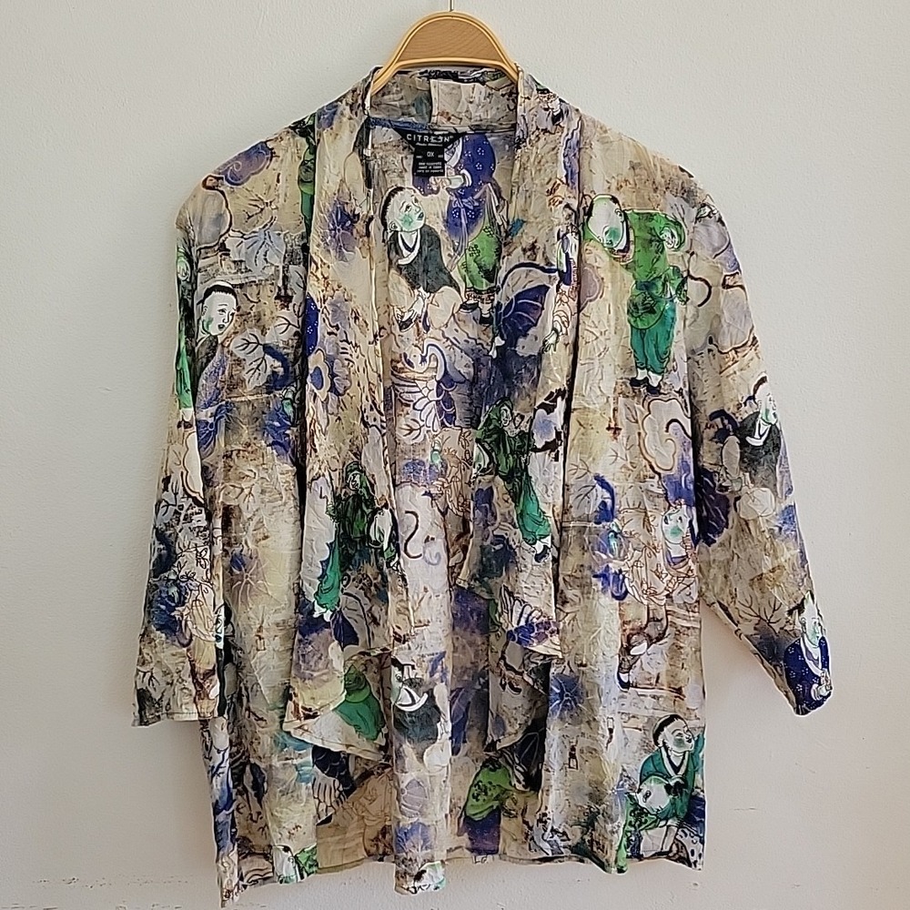 Citron Santa‎ Monica Open Front Kimono 3/4 Sleeve Draped Asian Print Lagenlook